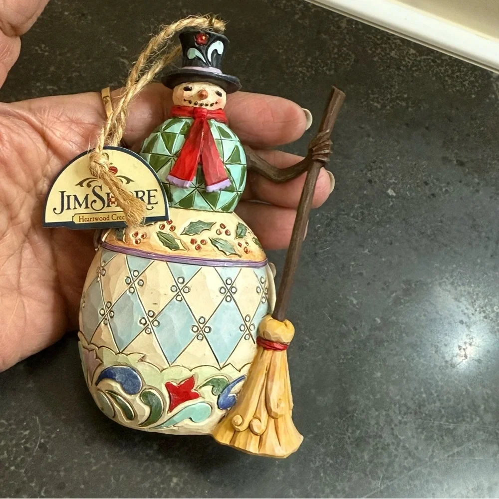 Jim Shore Snowman with top hat and broom ornament Heartwood Creek 2018